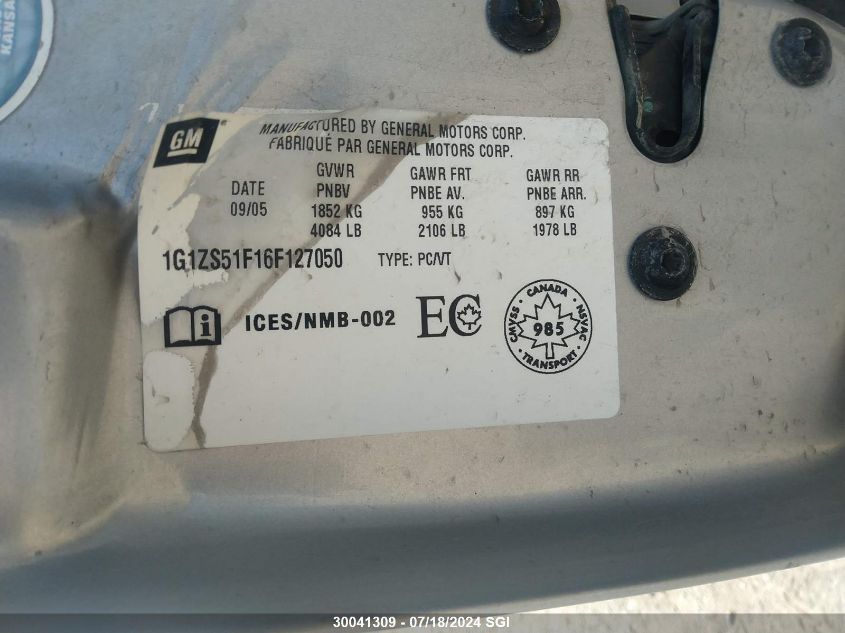 2006 Chevrolet Malibu Ls VIN: 1G1ZS51F16F127050 Lot: 30041309
