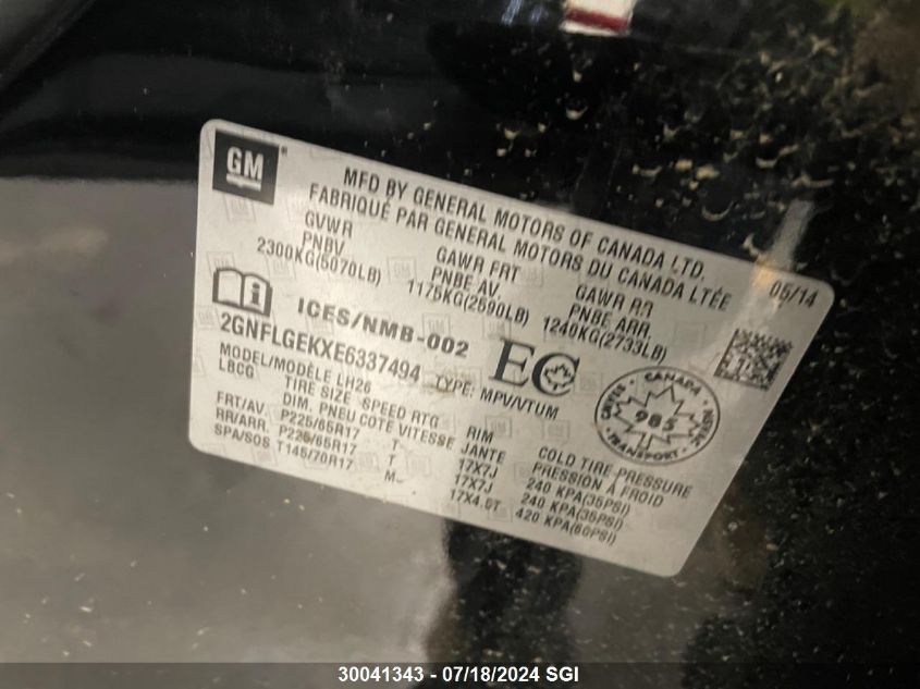 2014 Chevrolet Equinox Lt VIN: 2GNFLGEKXE6337494 Lot: 30041343