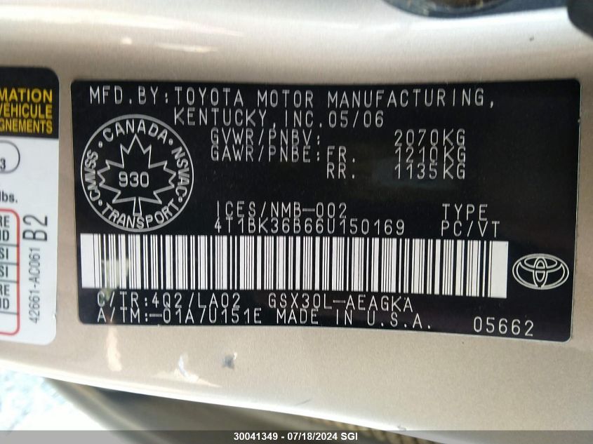 2006 Toyota Avalon Xl/Xls/Touring/Limited VIN: 4T1BK36B66U150169 Lot: 30041349