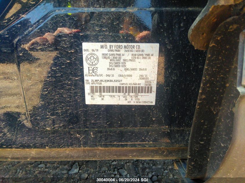 2019 Lincoln Nautilus Reserve VIN: 2LMPJ8L93KBL52527 Lot: 30040004