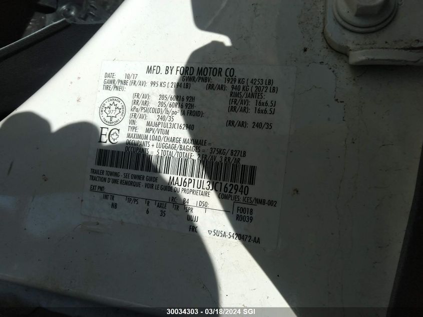 2018 Ford Ecosport Se VIN: MAJ6P1UL3JC162940 Lot: 30034303