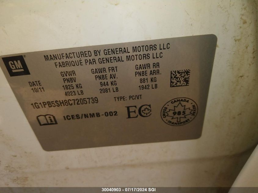 2012 Chevrolet Cruze Ls VIN: 1G1PB5SH8C7205739 Lot: 30040903