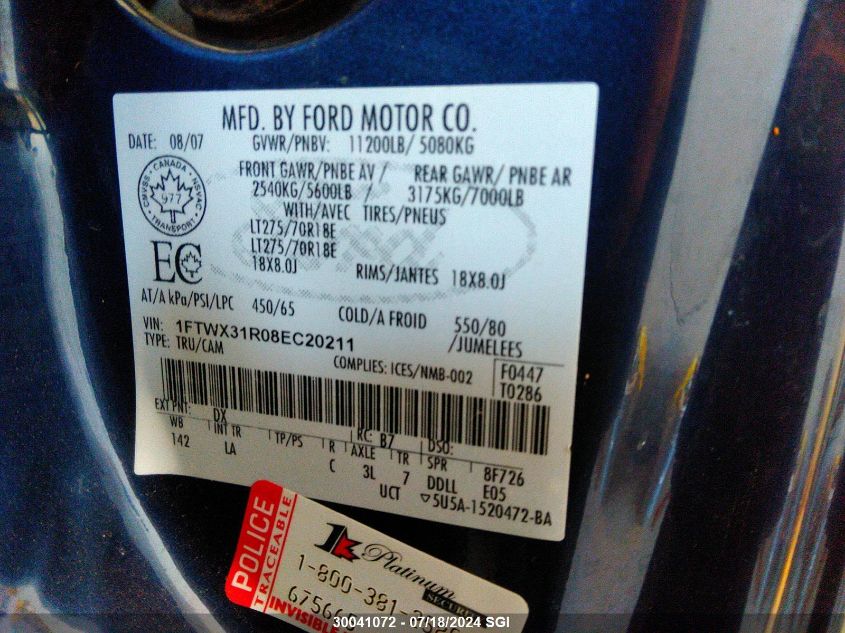 2008 Ford F350 Srw Super Duty VIN: 1FTWX31R08EC20211 Lot: 30041072