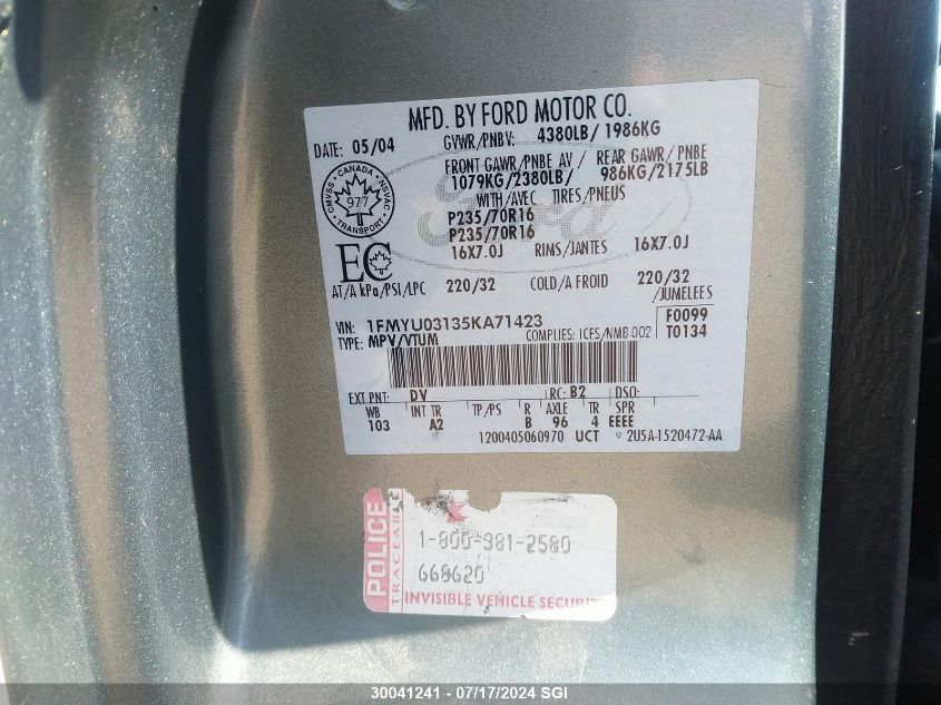 2005 Ford Escape Xlt VIN: 1FMYU03135KA71423 Lot: 30041241