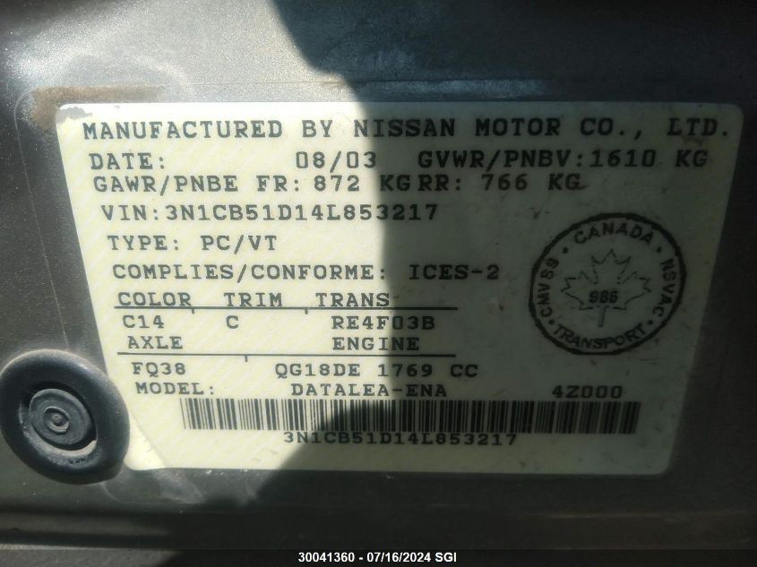 2004 Nissan Sentra 1.8/1.8S VIN: 3N1CB51D14L853217 Lot: 30041360