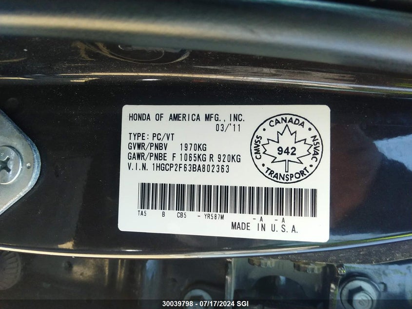 2011 Honda Accord Se VIN: 1HGCP2F63BA802363 Lot: 30039798