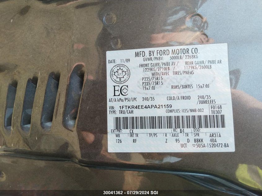 2010 Ford Ranger Super Cab VIN: 1FTKR4EE4APA21159 Lot: 30041362