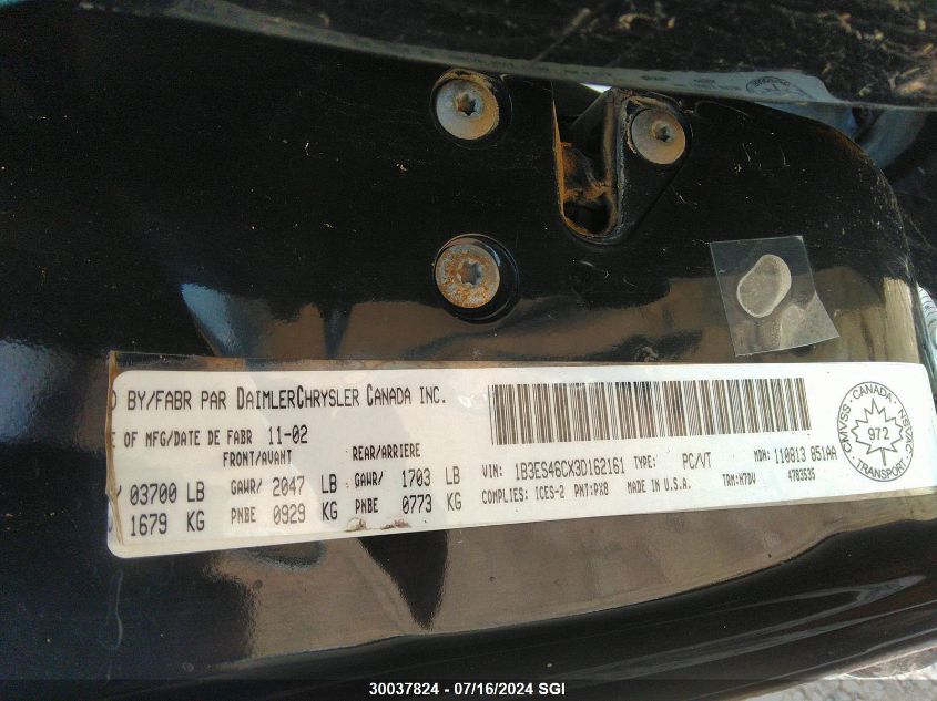 2003 Dodge Neon Sx 2.0 VIN: 1B3ES46CX3D162161 Lot: 30037824