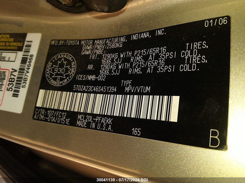 2006 Toyota Sienna Ce/Le VIN: 5TDZA23C46S451394 Lot: 30041139