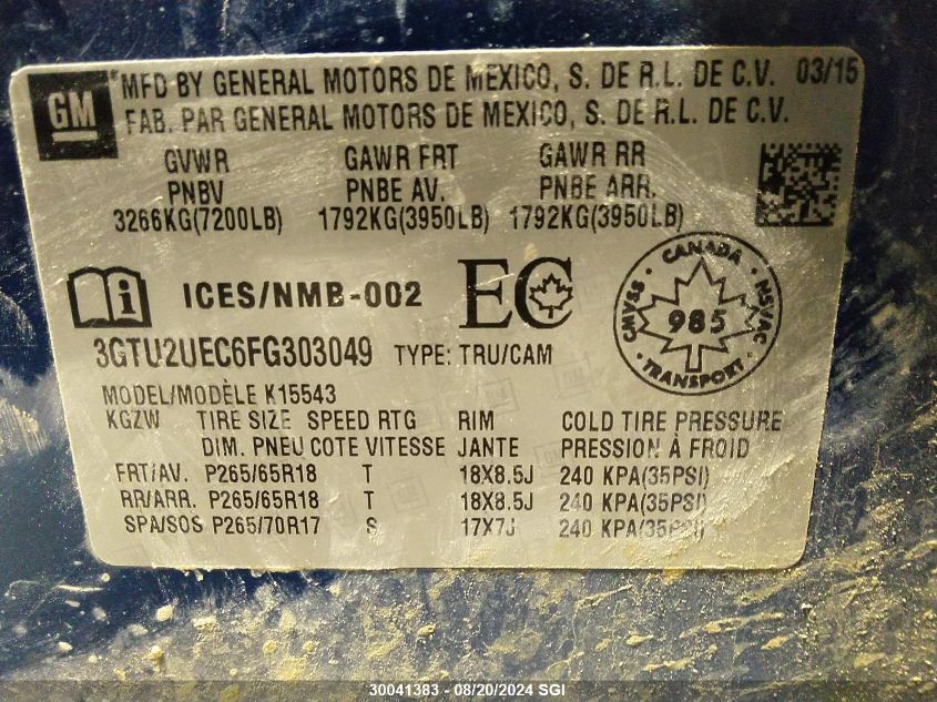 2015 GMC Sierra K1500 Sle VIN: 3GTU2UEC6FG303049 Lot: 30041383