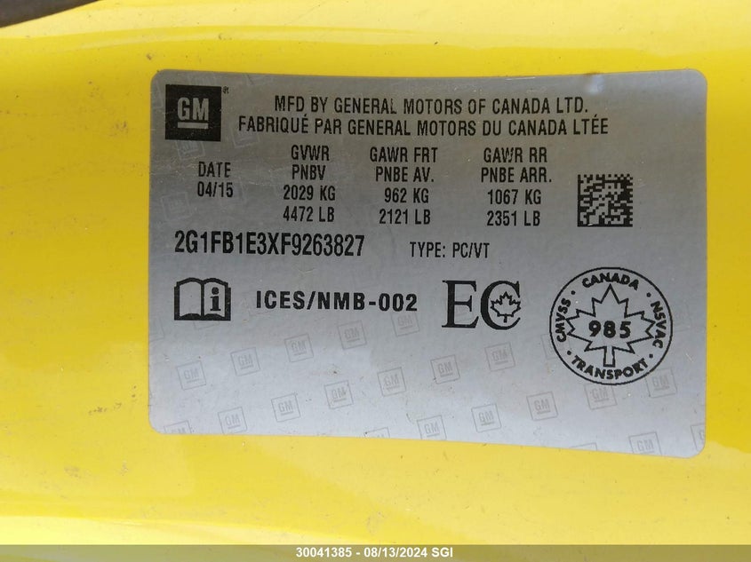 2015 Chevrolet Camaro Ls VIN: 2G1FB1E3XF9263827 Lot: 30041385