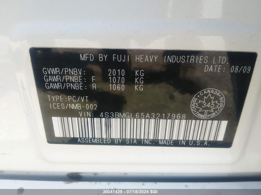 2010 Subaru Legacy 2.5I Limited VIN: 4S3BMGL65A3217968 Lot: 30041429