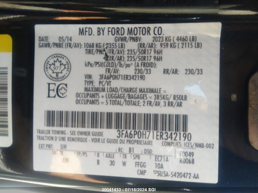 2014 Ford Fusion Se VIN: 3FA6P0H71ER342190 Lot: 30041433