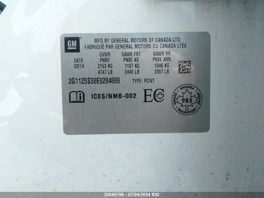 2014 Chevrolet Impala Lt VIN: 2G1125S38E9284888 Lot: 30040706