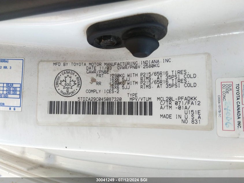 2004 Toyota Sienna Ce VIN: 5TDZA29C04S087320 Lot: 30041249