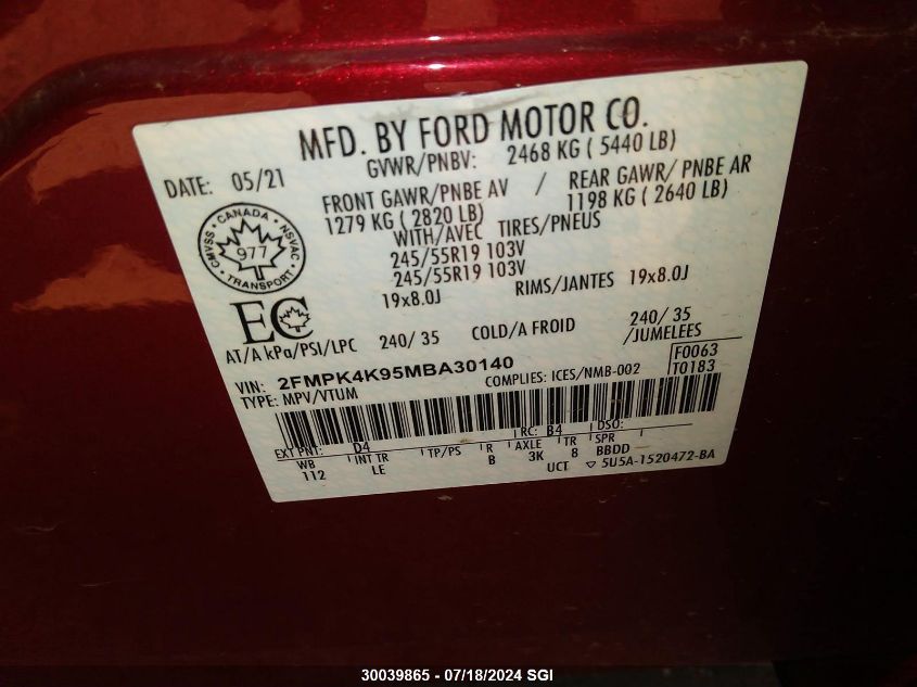 2021 Ford Edge Titanium VIN: 2FMPK4K95MBA30140 Lot: 30039865