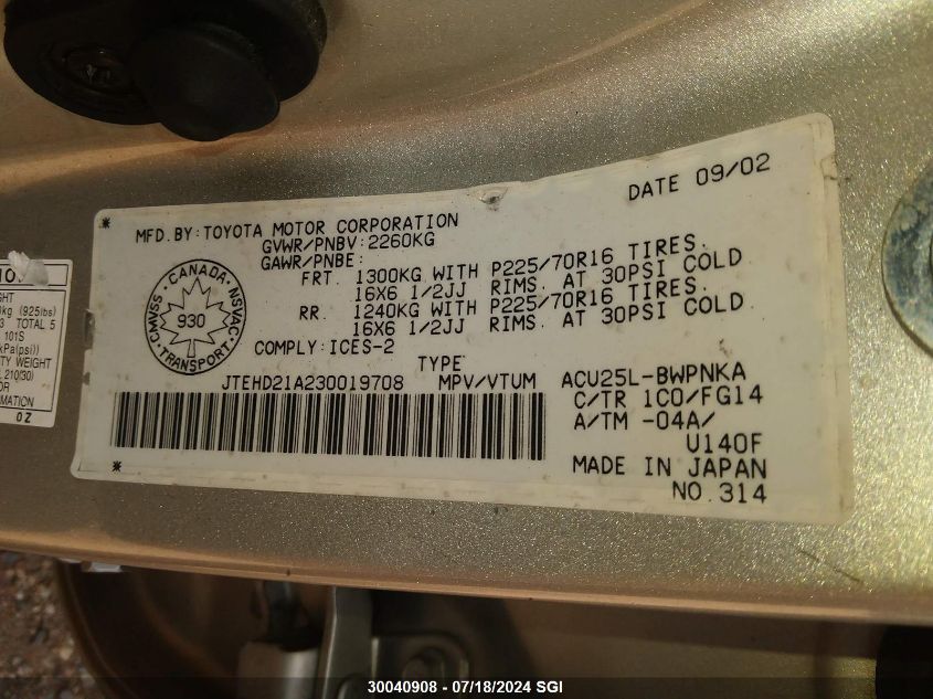 2003 Toyota Highlander VIN: JTEHD21A230019708 Lot: 30040908