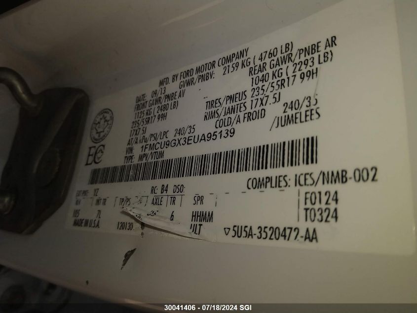 2014 Ford Escape Se VIN: 1FMCU9GX3EUA95139 Lot: 30041406