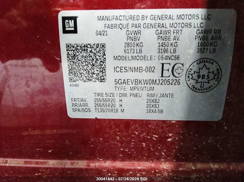 2021 Buick Enclave Premium VIN: 5GAEVBKW0MJ205226 Lot: 30041442