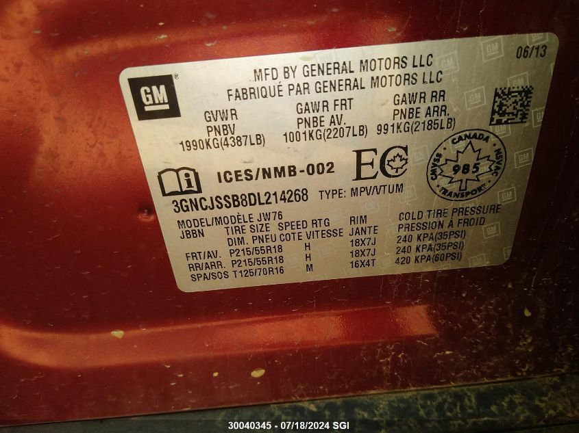 2013 Chevrolet Trax VIN: 3GNCJSSB8DL214268 Lot: 30040345