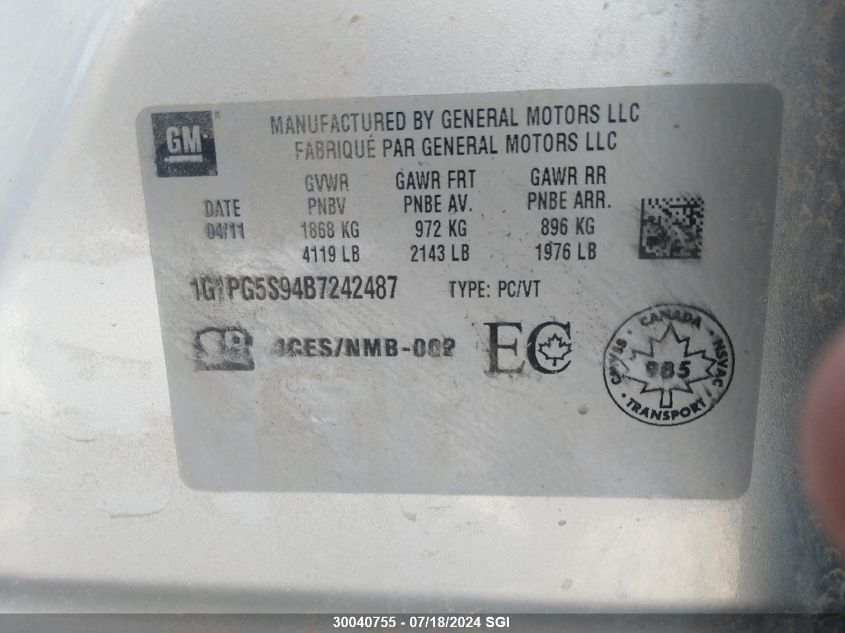 2011 Chevrolet Cruze VIN: 1G1PG5S94B7242487 Lot: 30040755