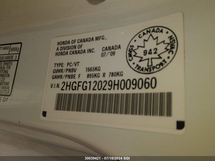 2009 Honda Civic Exl VIN: 2HGFG12029H009060 Lot: 30039421