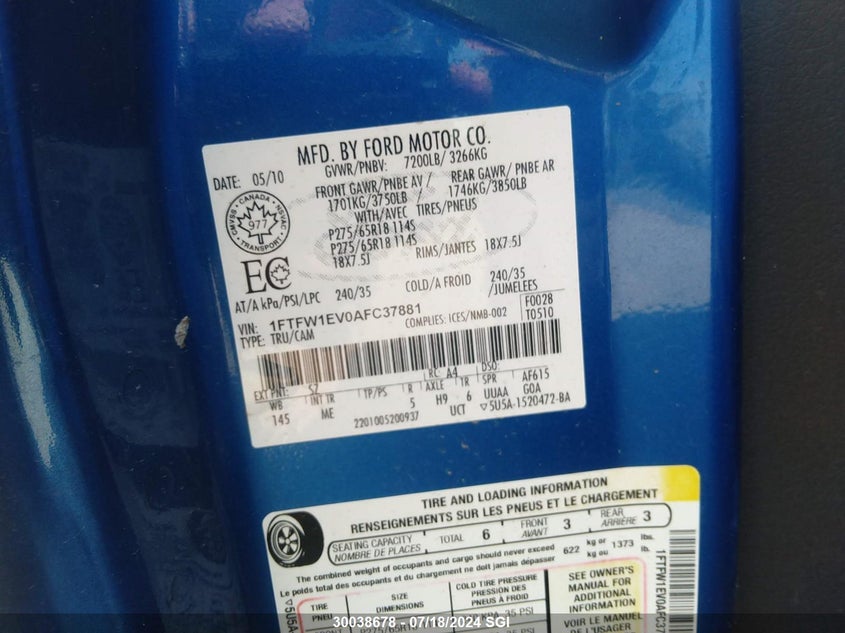 2010 Ford F150 Supercrew VIN: 1FTFW1EV0AFC37881 Lot: 30038678