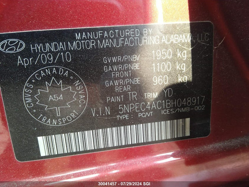 2011 Hyundai Sonata Se/Limited VIN: 5NPEC4AC1BH048917 Lot: 30041457