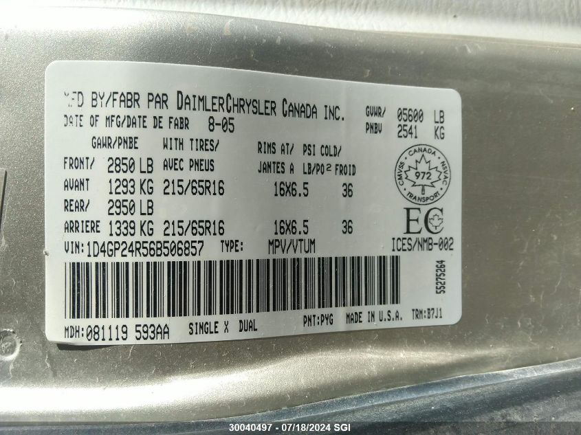 2006 Dodge Grand Caravan Se VIN: 1D4GP24R56B506857 Lot: 30040497