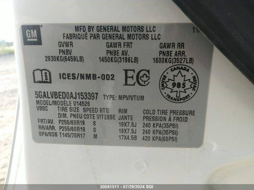 2010 Buick Enclave Cxl VIN: 5GALVBED0AJ153397 Lot: 30041511