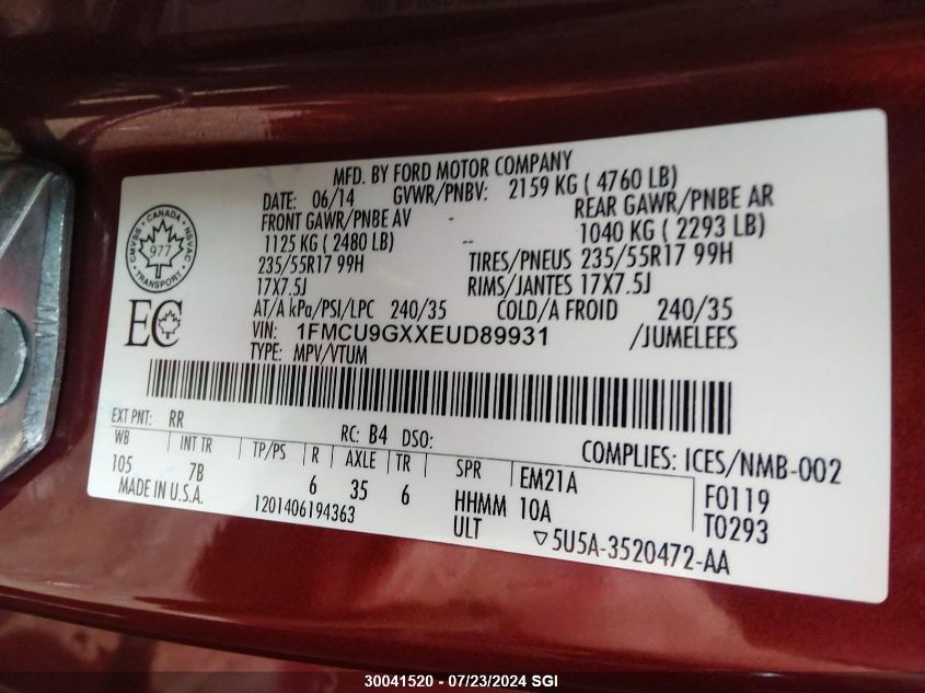 2014 Ford Escape Se VIN: 1FMCU9GXXEUD89931 Lot: 30041520