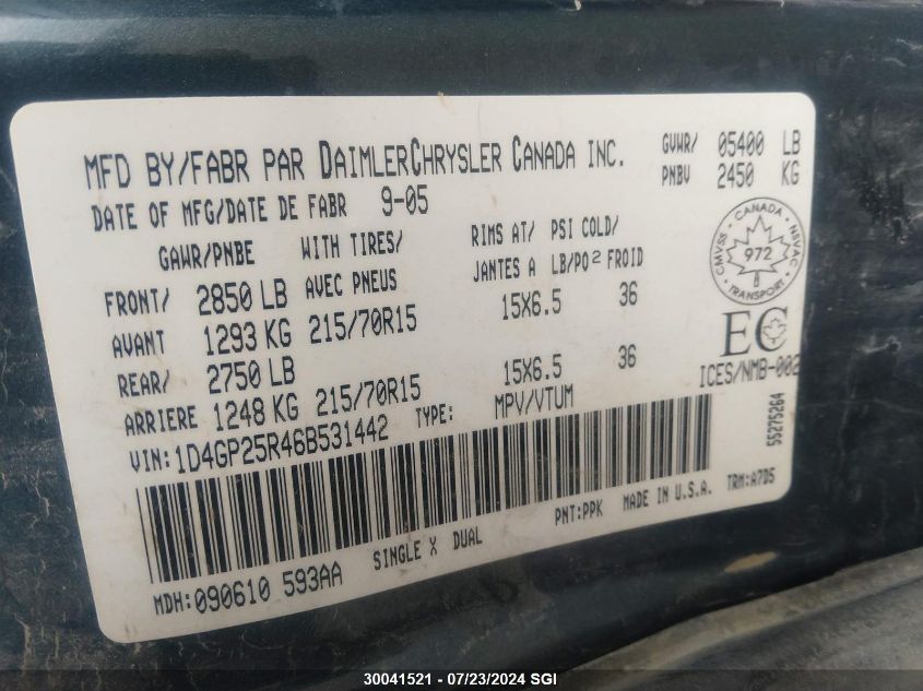 2006 Dodge Caravan Se VIN: 1D4GP25R46B531442 Lot: 30041521