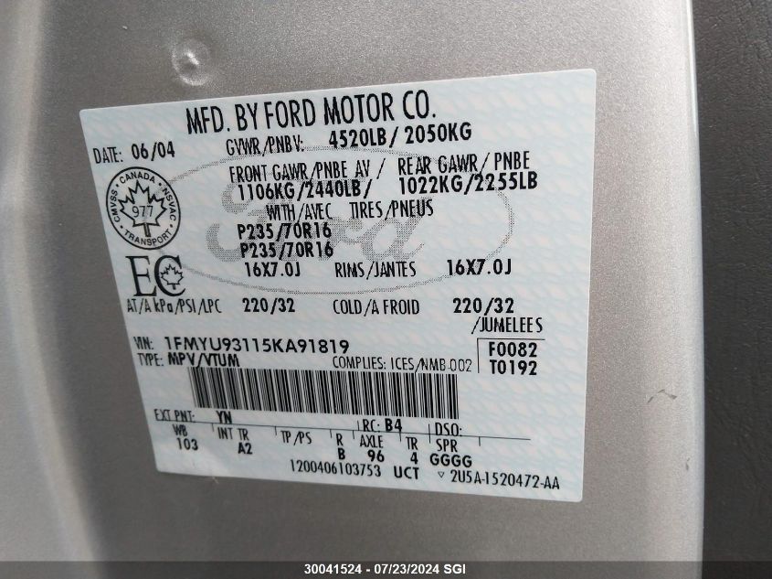 2005 Ford Escape Xlt VIN: 1FMYU93115KA91819 Lot: 30041524