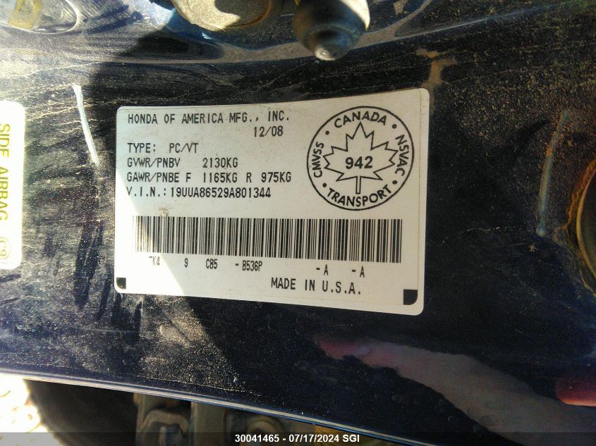 2009 Acura Tl VIN: 19UUA86529A801344 Lot: 30041465