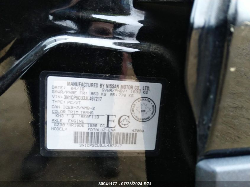 2018 Nissan Kicks S/Sr/Sv VIN: 3N1CP5CU3JL497217 Lot: 30041177