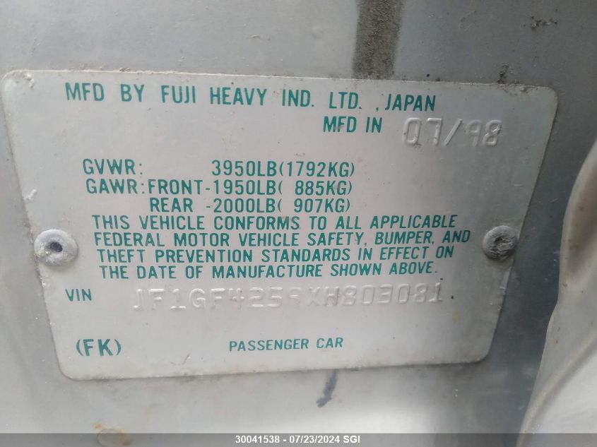 1999 Subaru Impreza Brighton VIN: JF1GF4259XH803081 Lot: 30041538