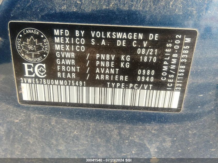 2021 Volkswagen Jetta Sel VIN: 3VWE57BU0MM075491 Lot: 30041540