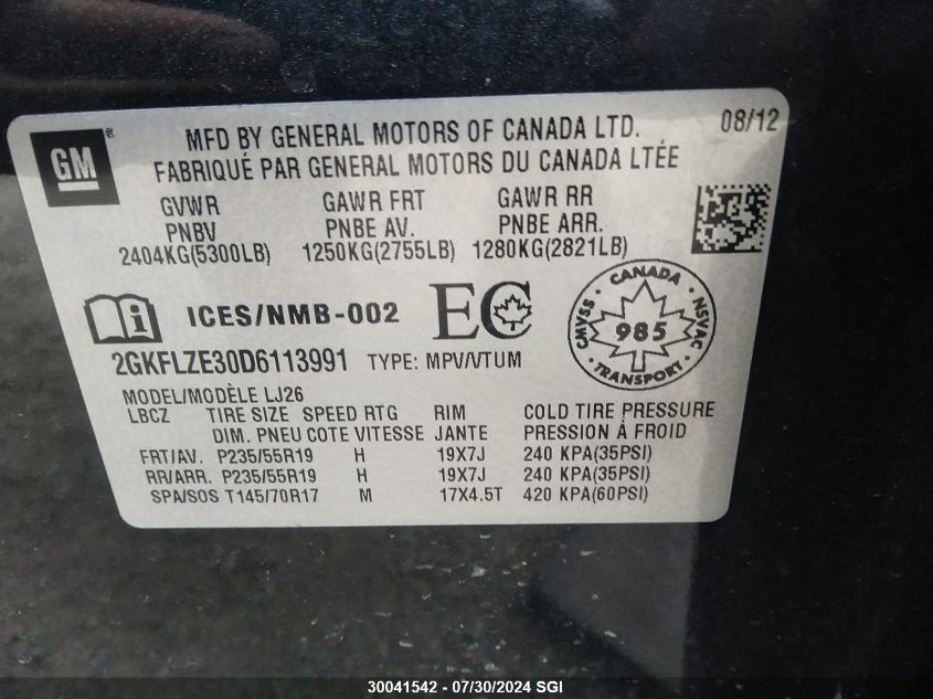 2013 GMC Terrain Denali VIN: 2GKFLZE30D6113991 Lot: 30041542