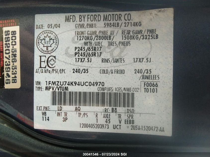 2004 Ford Explorer Eddie Bauer VIN: 1FMZU74K94UC04970 Lot: 30041546