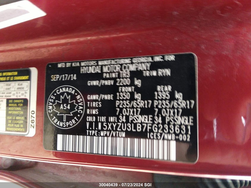 2015 Hyundai Santa Fe Sport VIN: 5XYZU3LB7FG233631 Lot: 30040439