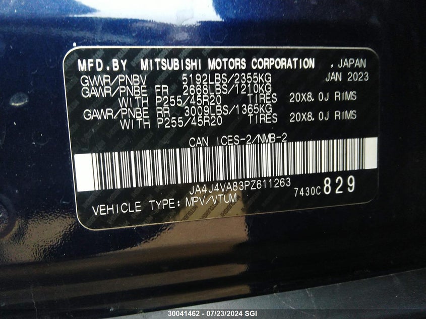 2023 Mitsubishi Outlander Sel/Sel Black Edition/Sel Touring/Sel Premium/40Th Anniversary VIN: JA4J4VA83PZ611263 Lot: 30041462
