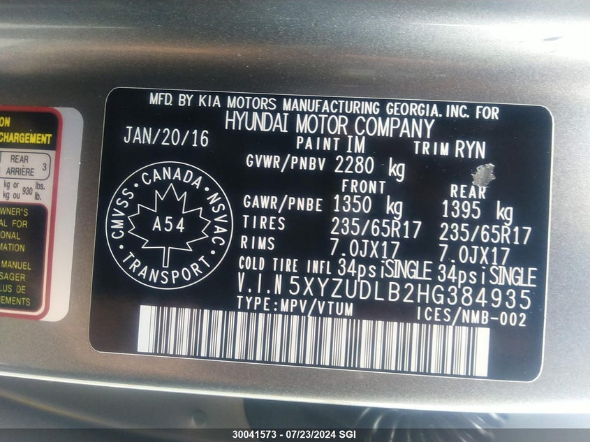 2017 Hyundai Santa Fe Sport VIN: 5XYZUDLB2HG384935 Lot: 30041573