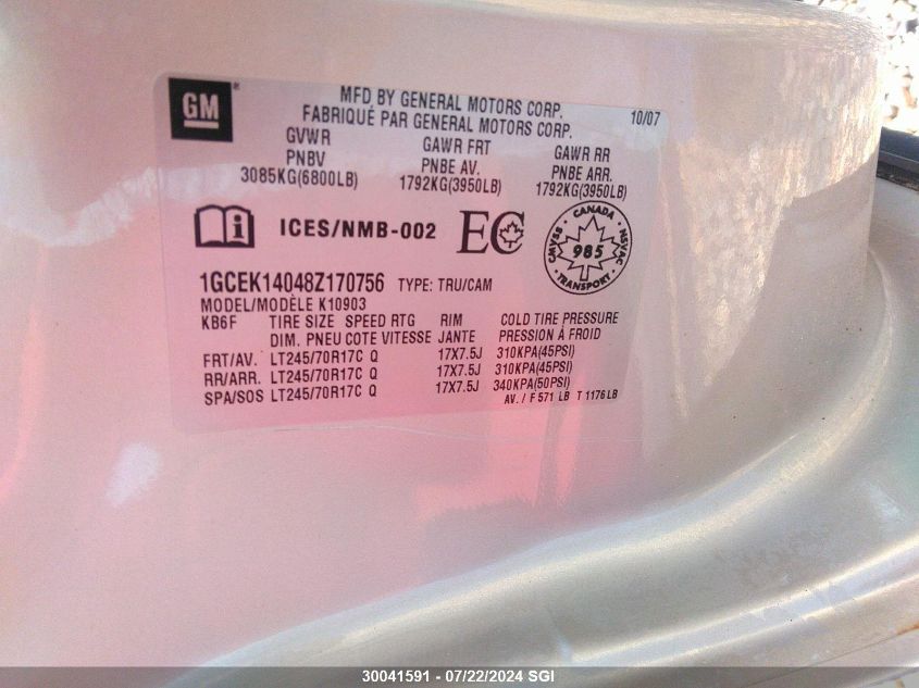 2008 Chevrolet Silverado K1500 VIN: 1GCEK14048Z170756 Lot: 30041591