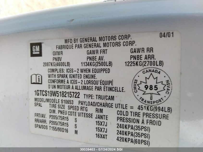 2001 GMC Sonoma VIN: 1GTCS19W518215722 Lot: 30039403