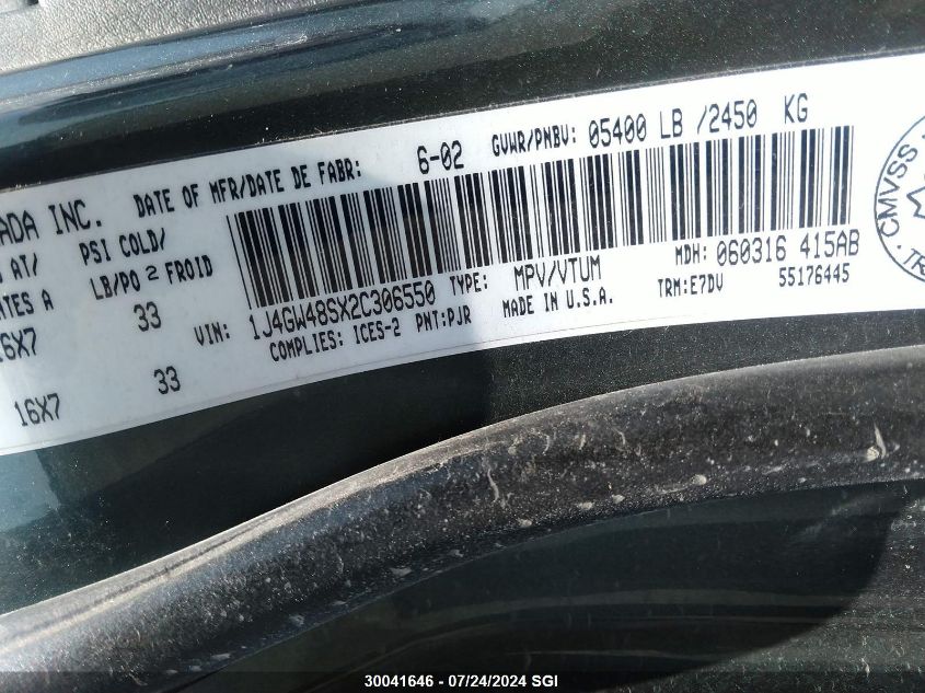 2002 Jeep Grand Cherokee Laredo VIN: 1J4GW48SX2C306550 Lot: 30041646