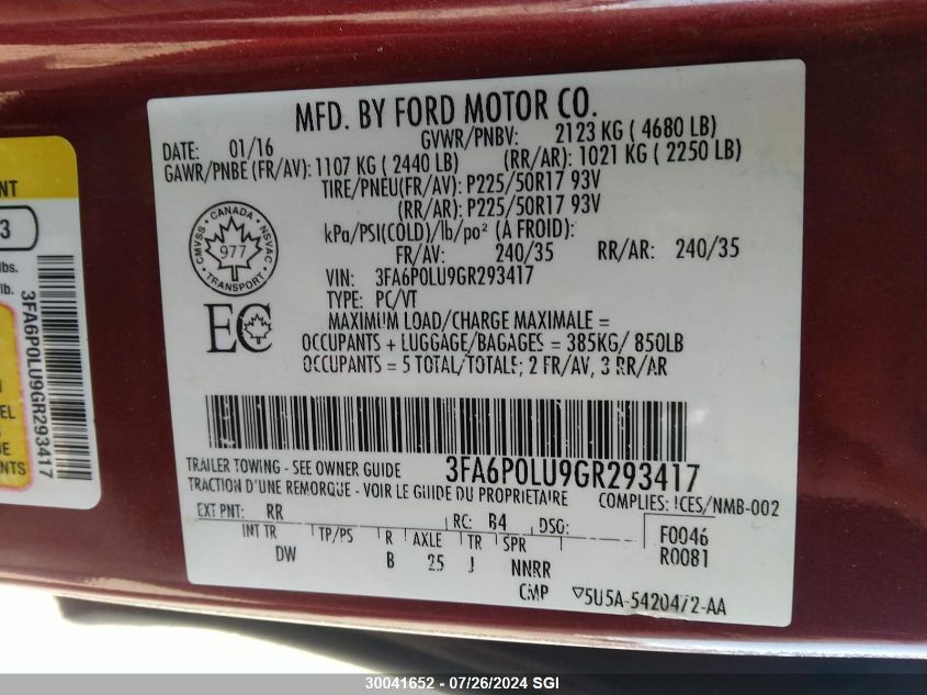 2016 Ford Fusion Se Hybrid VIN: 3FA6P0LU9GR293417 Lot: 30041652