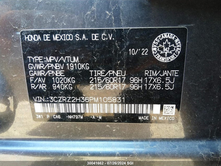 2023 Honda Hr-V Lx VIN: 3CZRZ2H36PM105831 Lot: 30041662