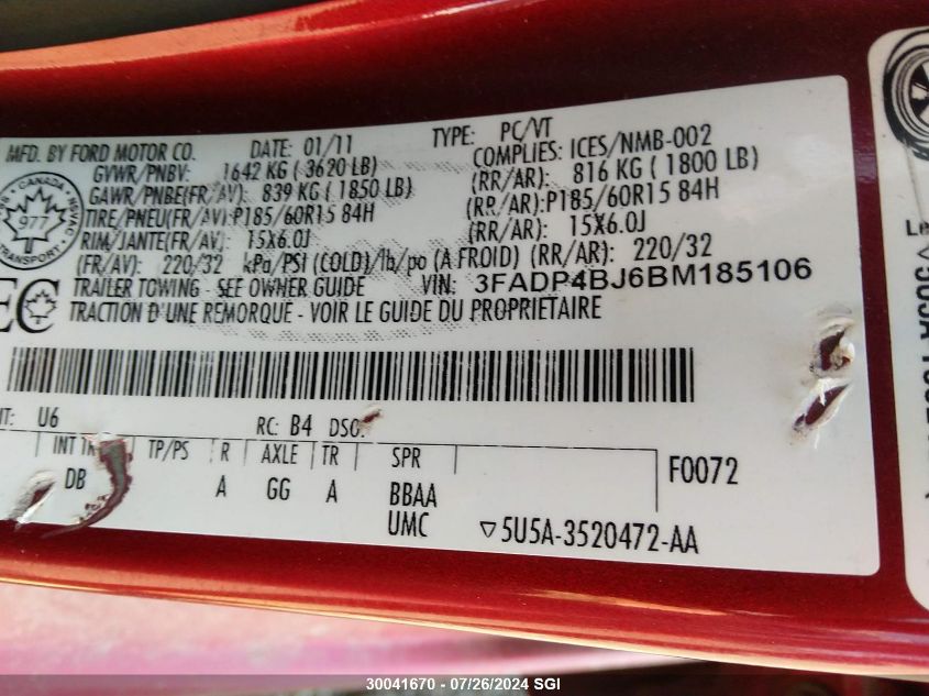 2011 Ford Fiesta Se VIN: 3FADP4BJ6BM185106 Lot: 30041670