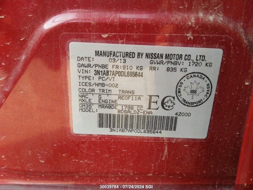 2013 Nissan Sentra S/Sv/Sr/Sl VIN: 3N1AB7AP0DL695644 Lot: 30039784