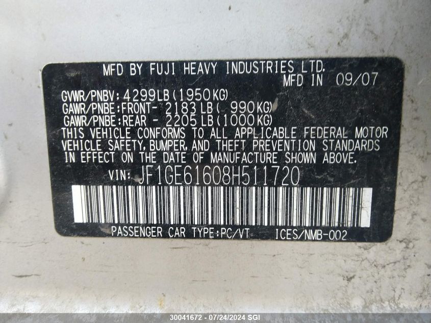 2008 Subaru Impreza 2.5I VIN: JF1GE61608H511720 Lot: 30041672